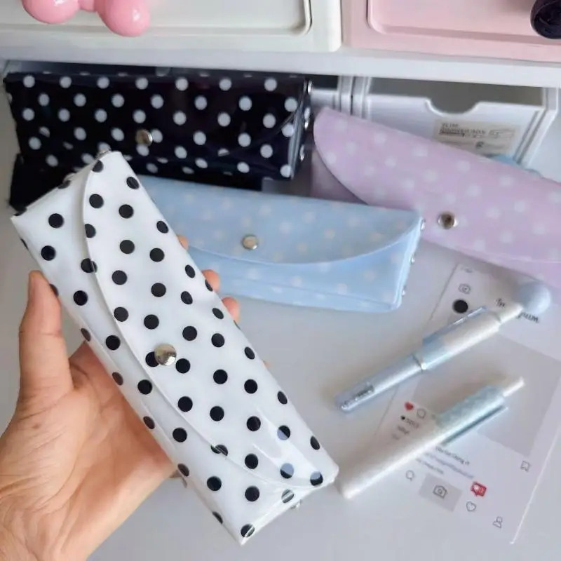 【B】PVC Pencil Case Polka Dot Design Snap-button Type Stationery Pen Pouch For Students School Office Daily Stationery Storage