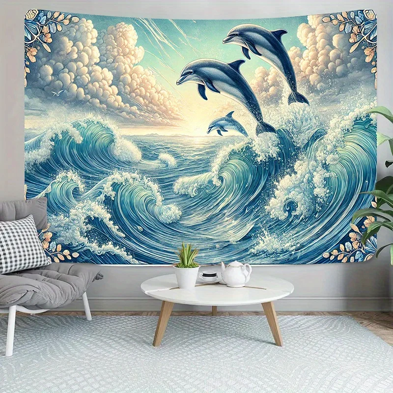 قطعة واحدة من نسيج موجة دولفين المحيط، قماش بوليستر، قابل للغسل في الغسالة، مناسب لتزيين غرفة النوم وغرفة المعيشة