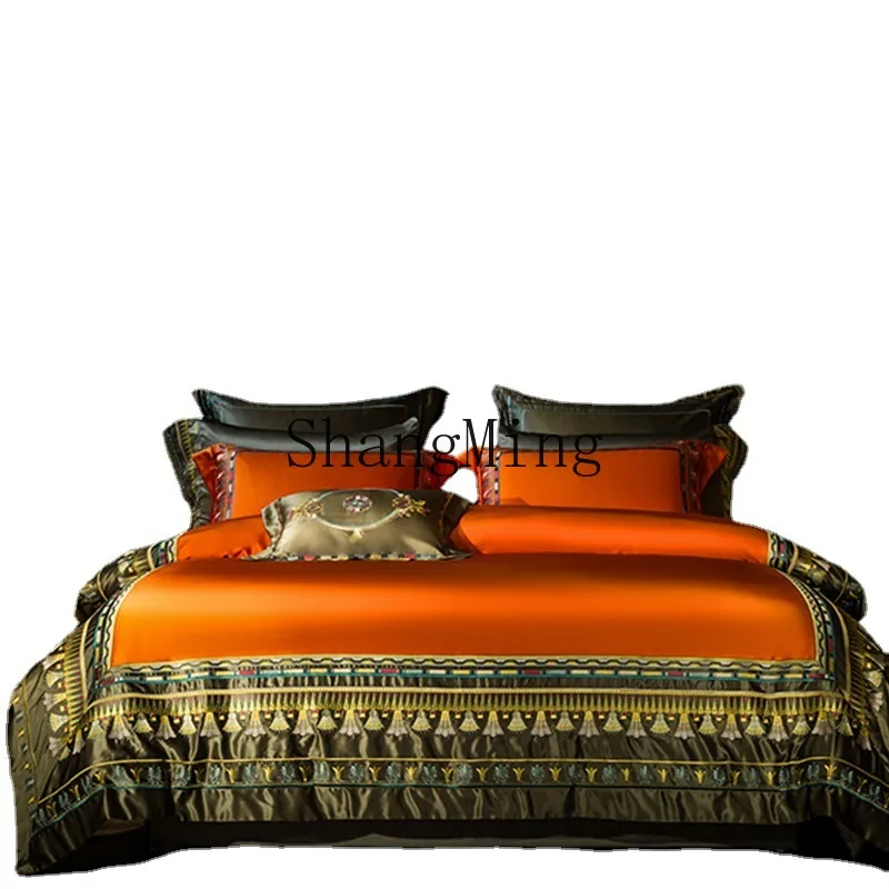 

PYH luxury 200 solid color embroidery four-piece set red high-end long-staple cotton court model room 1.8m bedding