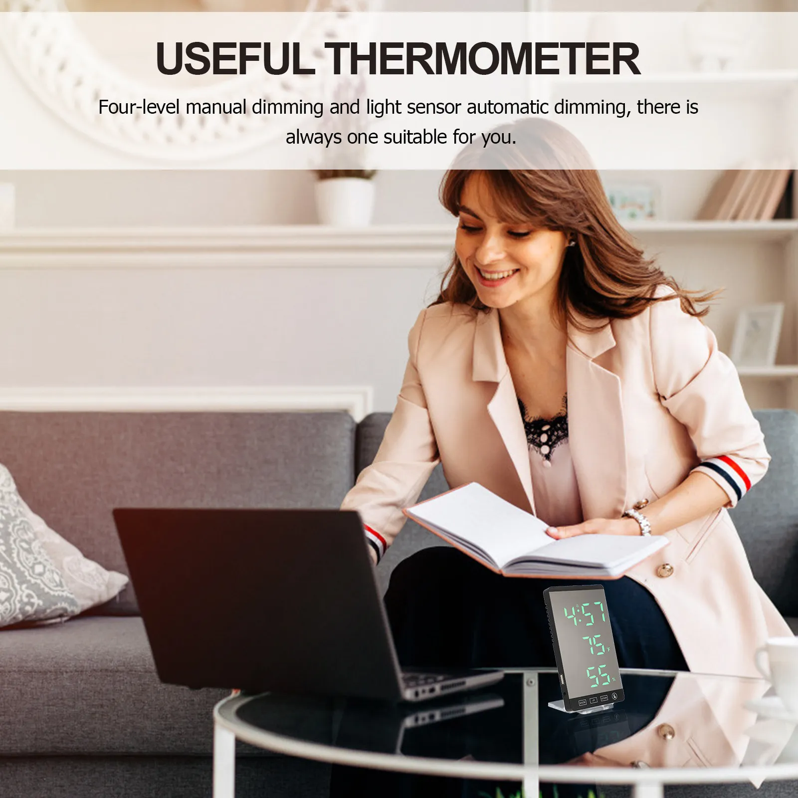 

Цифровой термогигрометр с LED-часами, зеркальной поверхностью, магнитным креплением, сенсорным экраном, 4-уровневой регулировкой яркости, USB-зарядкой и будильником