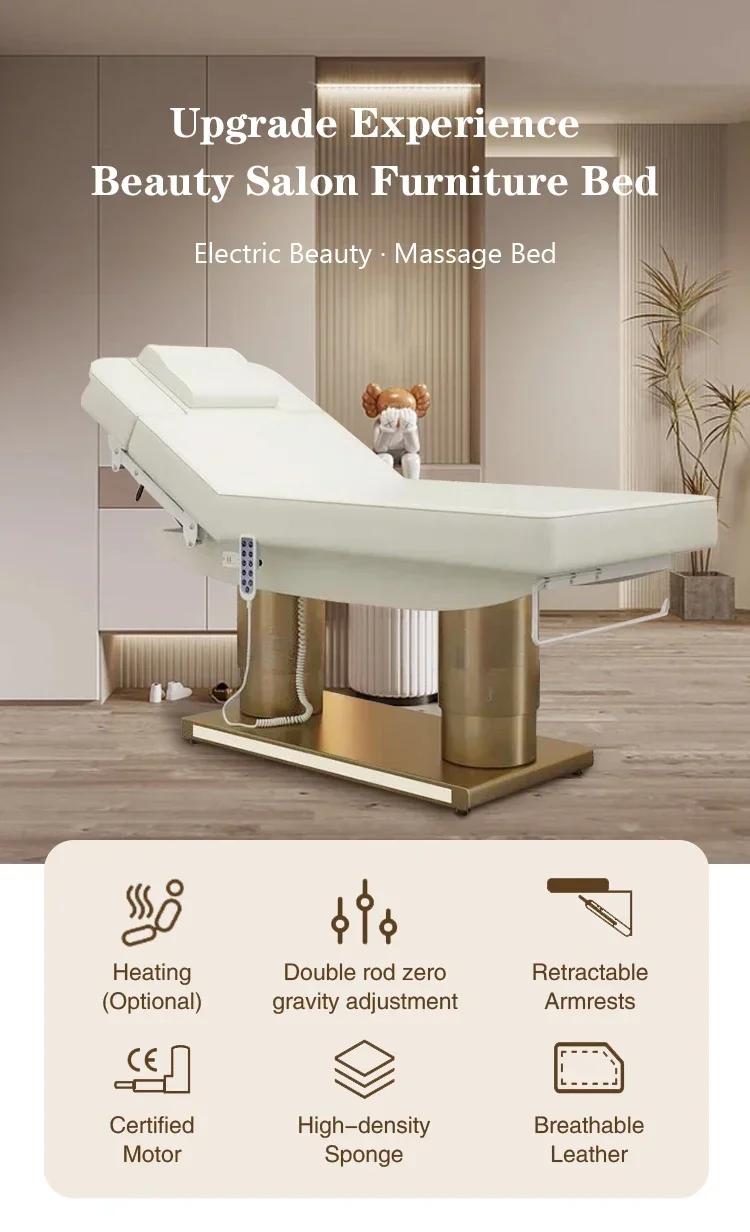 Cama confortável massagem para salão de beleza, cama elétrica para cosméticos facial spa e chicotagem, branco e dourado, novo design