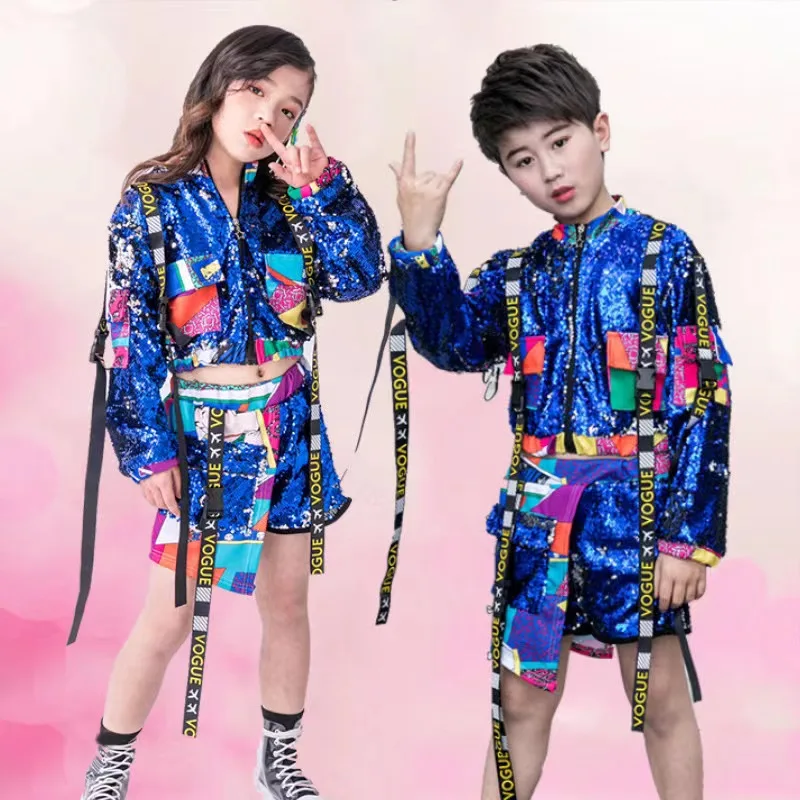 Kids Hip Hop Dance Clothing Rose Sequins Girls Boys Jazz Dance Costumes Ballroom Dancing Shelf Drum Performance Clothes Outfits