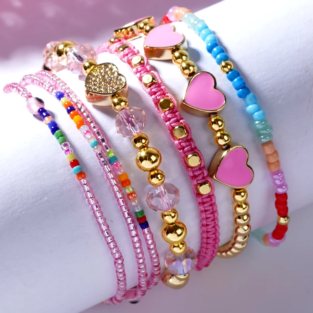 Go2boho 2024 Trendy 5 Pieces Stacking Beaded Bracelets Light Pink Sets Hawaii New Surfer Jewelry Handmade Boho Unisex Style