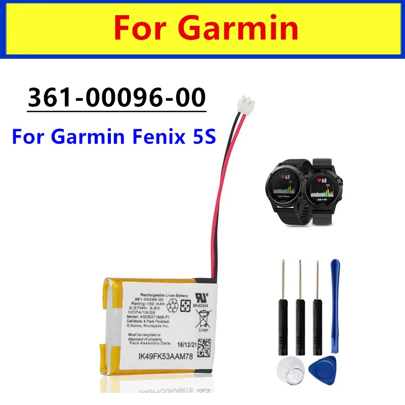 361-00096-00 Battery 150mAh For GARMIN Fenix 5S 5SPlus Fenix 5S Plus Sapphire GPS Watch Battery ASDB371828-P1+Tools