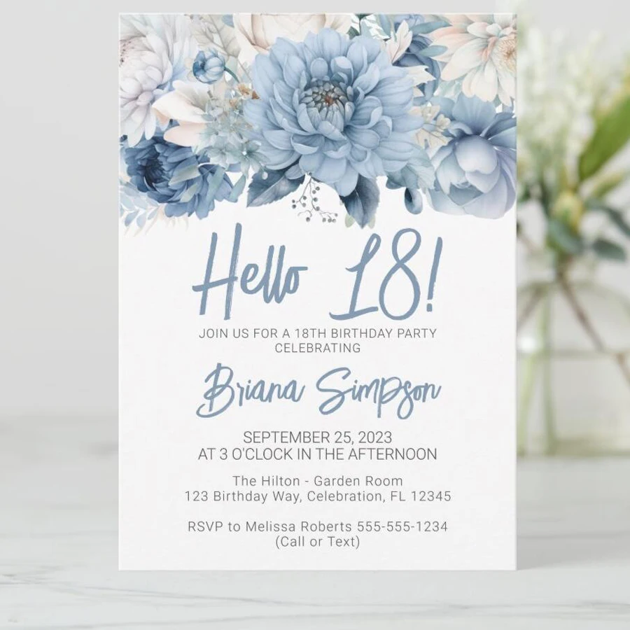 5/20/100pcs 18th birthday invitations, Watercolor Blue Floral birthday invitations 18, Sunflower Birthday Invitation