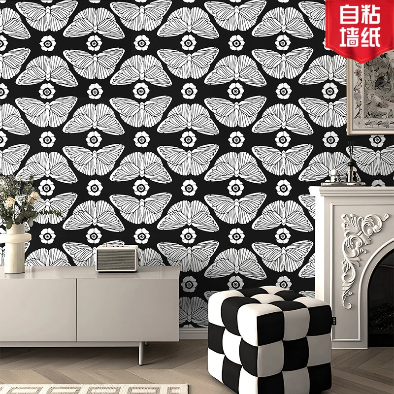 

Черные обои, съемные обои с цветочной бабочкой, для ванной комнаты, черно-белая контактная бумага