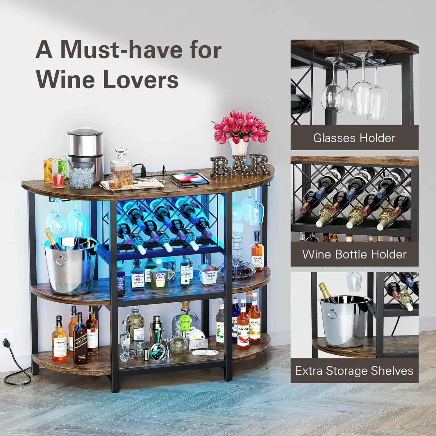 Zarler Bar Table Cabinet with Power Outlet, LED Home Mini Bar Cabinet for Liquor, Metal Wine Bar Stand with 4-Tier Storage