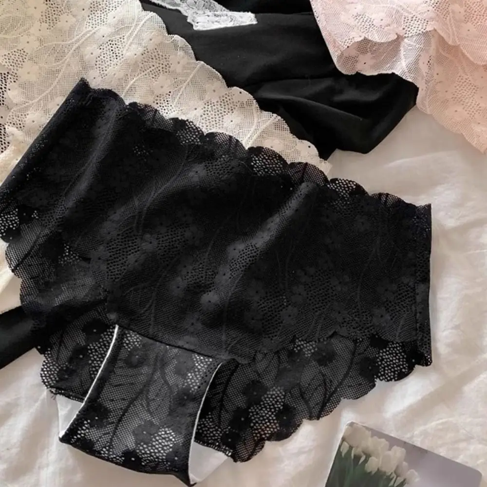 

4Pcs Comfortable Mid Waist Mesh Flower Panties Cotton Crotch Thin Lace Briefs Underpants Breathable Underwear for Women Lady
