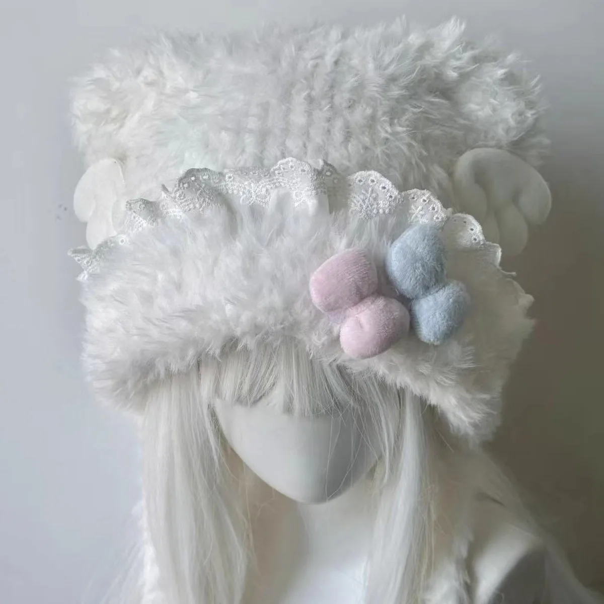 Pink and blue bow-knotted lace trimmed bear-shaped hat for women, a soft and cute winter warm-keeping ear-protection hat. - view 5