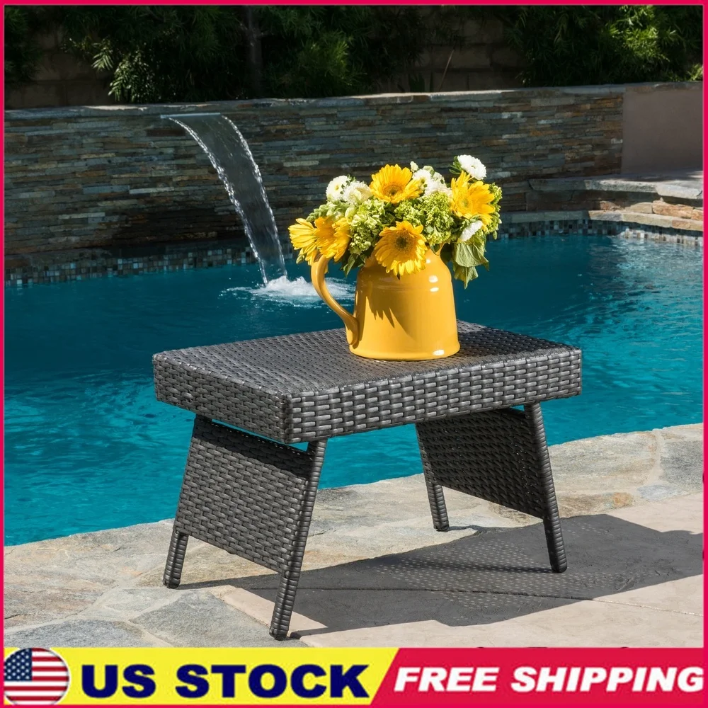 

Outdoor Folding Wicker Table Weather Resistant Adjustable Lap Table Iron PE Material Easy Clean Patio Furniture