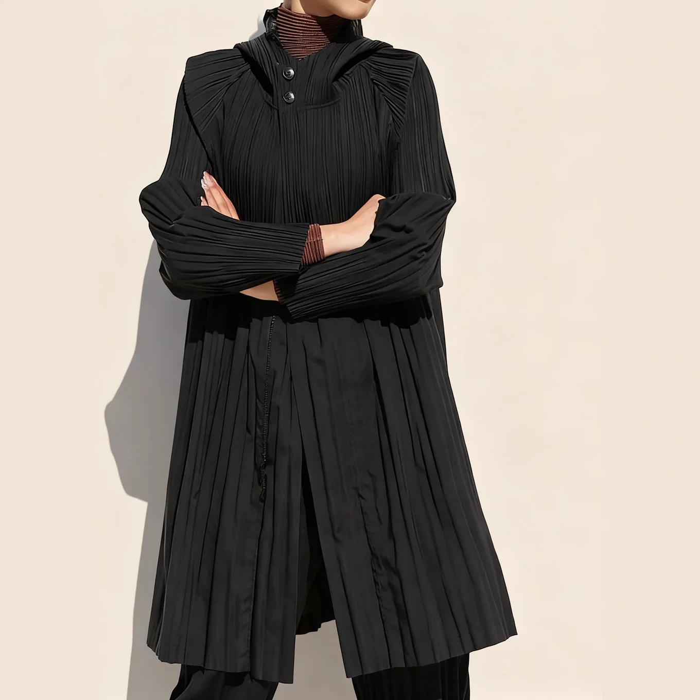 Miyake Fold Otoño Invierno 2025 nuevo rompevientos medio largo suelto moda grande mujer versátil cómodo rompevientos plisado