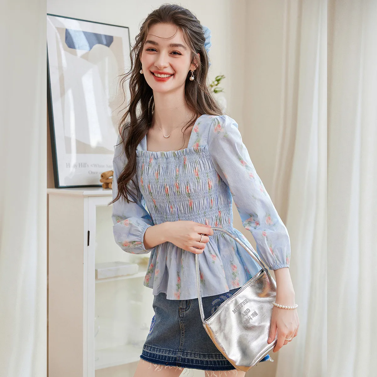 루이 야오 스윗 프린트 여성 블라우스 2025 가을 스퀘어넥 면 100% 탑 우아한 출퇴근 프린트 슬림 긴팔 셔츠