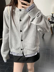 Jmprs Plaid Patchwork Gray Sweatshirts Women Casual Long Sleeve Korean Tops Vintage Loose Design Female Sweet Simple Sweatshirt