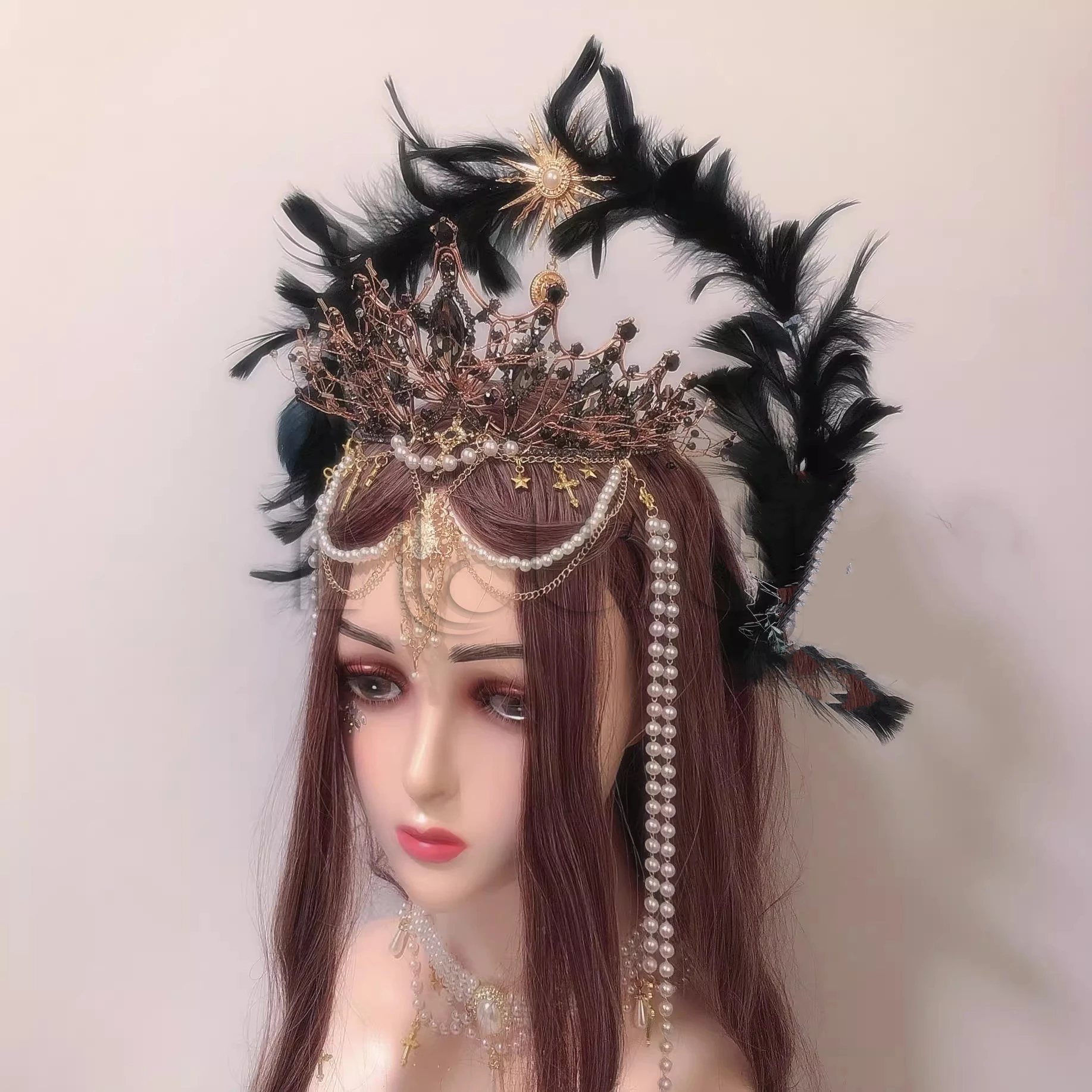 헤일로 크라운 헤드 피스 로리타 KC 고딕 블랙 엔젤 깃털 날개 헤일로 크리스탈 크라운 여신 여왕 할로윈 머리 장식 액세서리