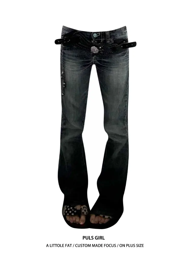 

Ретро-джинсы в американском стиле с эффектом потертости, женские, с низкой посадкой, прямые, длинные, повседневные, в уличном стиле, прочные, больших размеров