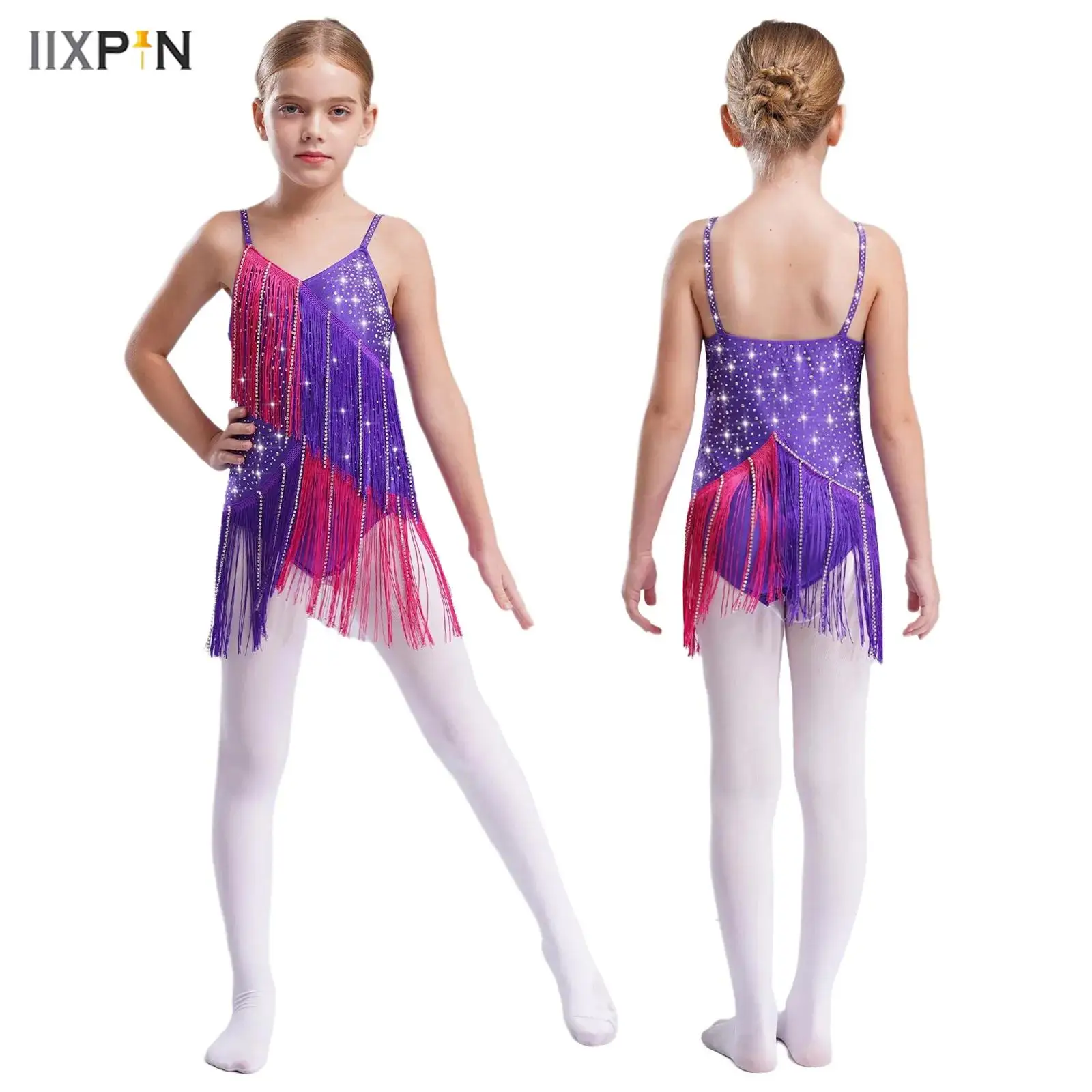 

Kids Girls Tassels Latin Jazz Dance Leotard Figure Skating Costume V-neck Spaghetti Straps Color Block Bodysuit for Performance
