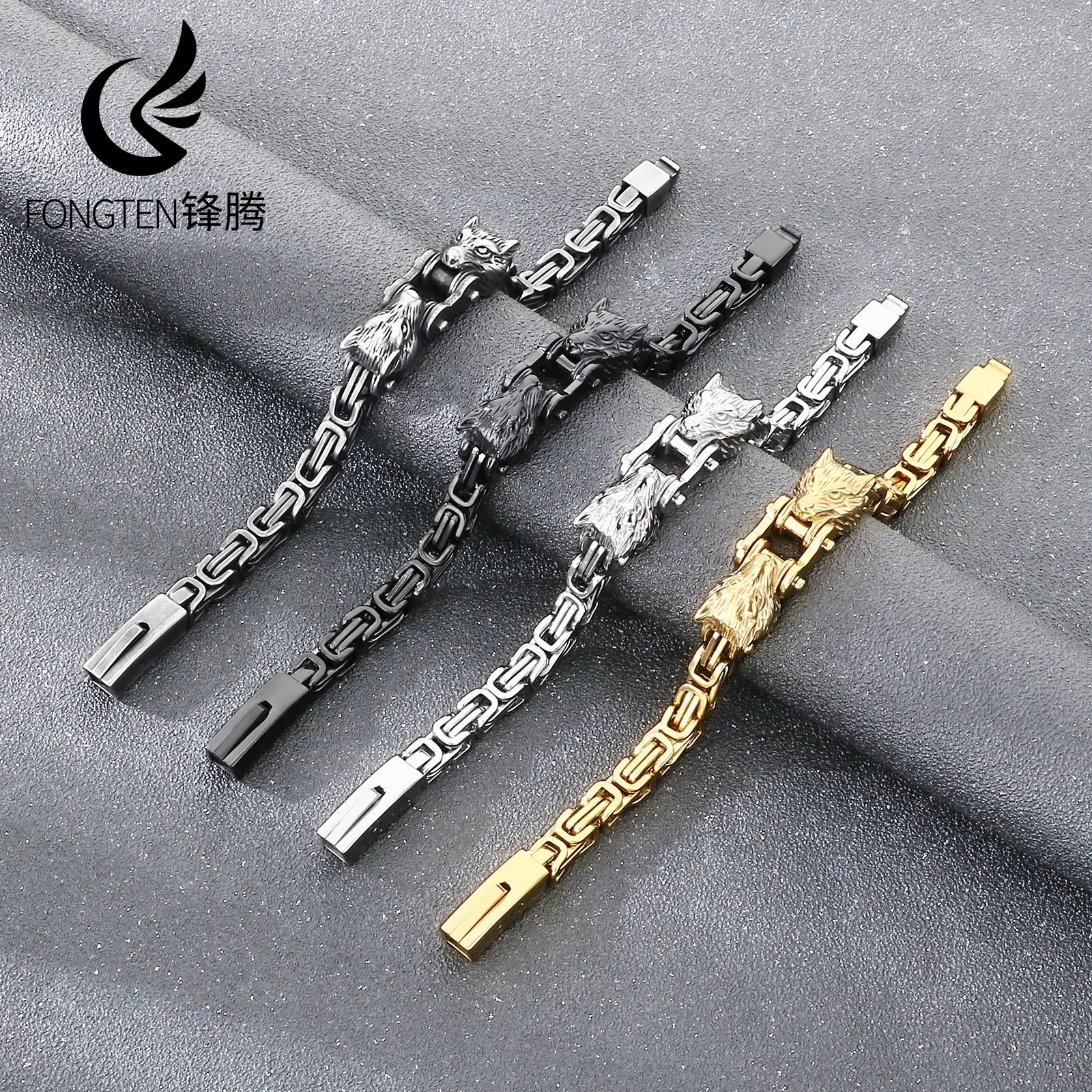 Fongten Viking Wolf Head Stainless Steel Splicing Emperor Chain Punk Men's Versatile Bracelet Fashion Jewelry Birthday Gift