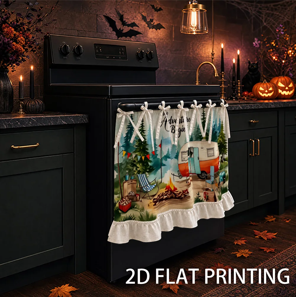 1PC kitchen stove curtain, cabinet curtain and apron. Featuring a 2D graphic design featuring a camping trailer, campfire and pi