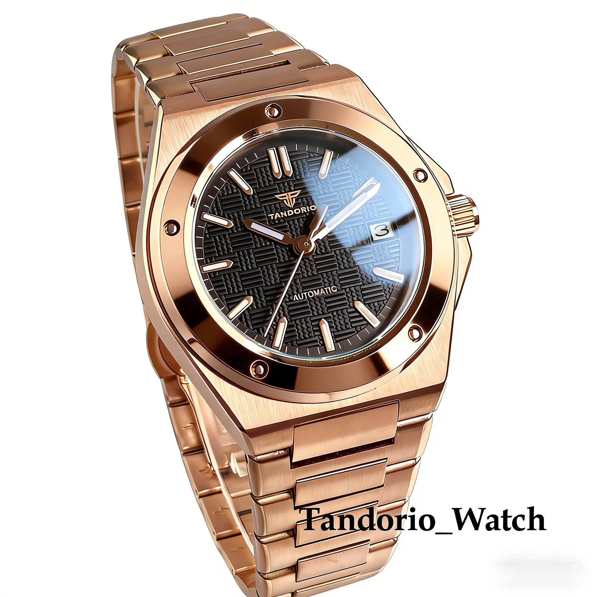 Tandorio Sapphire Glass Automatic Men's Mechanical Watch For Japan NH35 100m Waterproof Luxury Full Rose Gold Dress Wristwatch