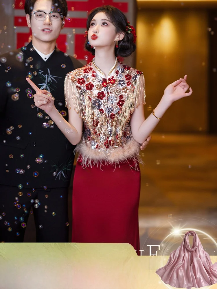 

Ele Chinese Sle Wedding Dr with Tail Skirt New Heavy Work Engagement Ceremony Drinking Ceremony Morning Robe Return ...