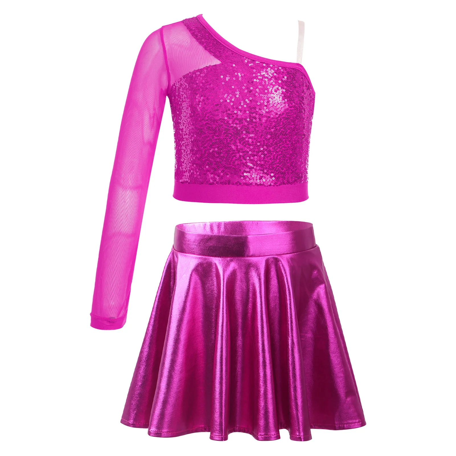 

Kids Girls Hip Hop Jazz Dance Costumes Sparkly Sequins Sheer Mesh Long Sleeve One Shoulder Crop Top Shirt+Metallic Flared Skirt