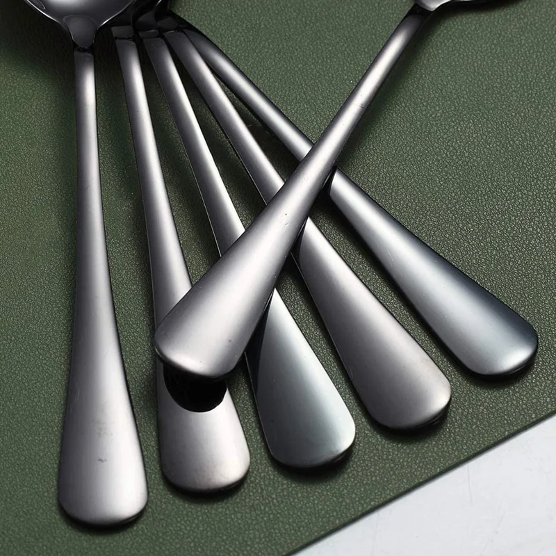 ช้อนสแตนเลสสตีลชุบทองไทเทเนียมสีดำช้อนทองคำสีดำช้อนขนมหวานเงินเครื่องล้างจาน6ชิ้น