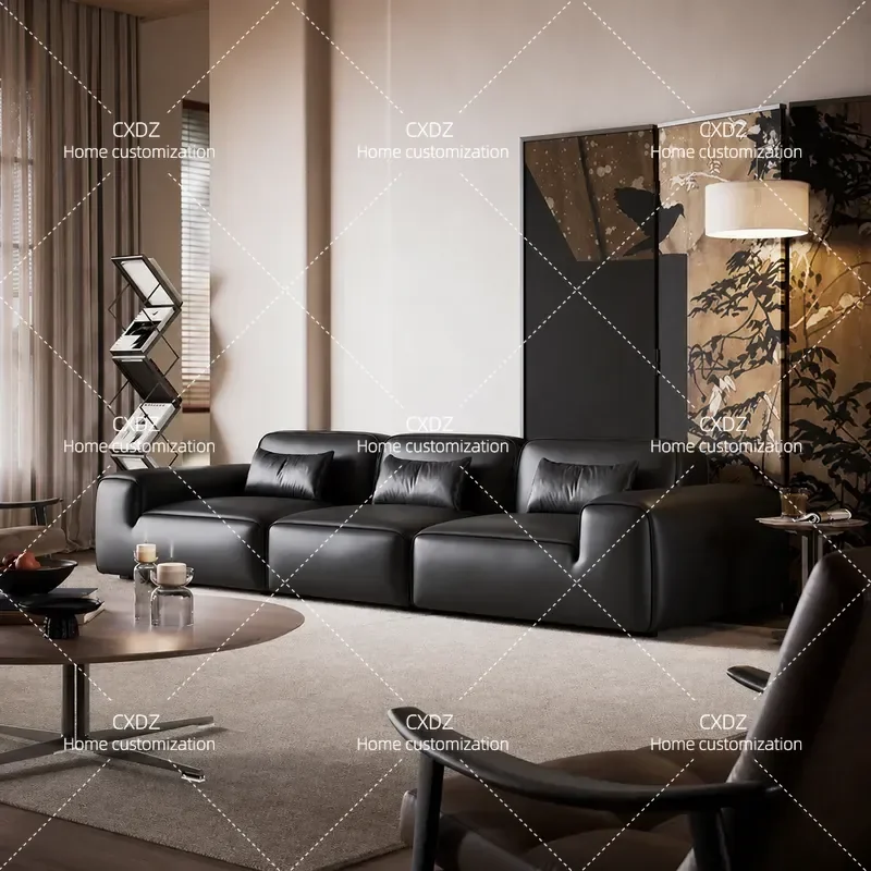 Big black cow sofa modern simple antique leather sofa living room straight row retro sofa light luxury black
