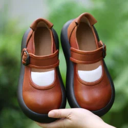 Birkuir Fashion Thick Heel Shoes For Women Hook Loop Flats Mary Jane Buckle Shoes Luxury Genuine Leather 4.5cm Round Toe Shoes