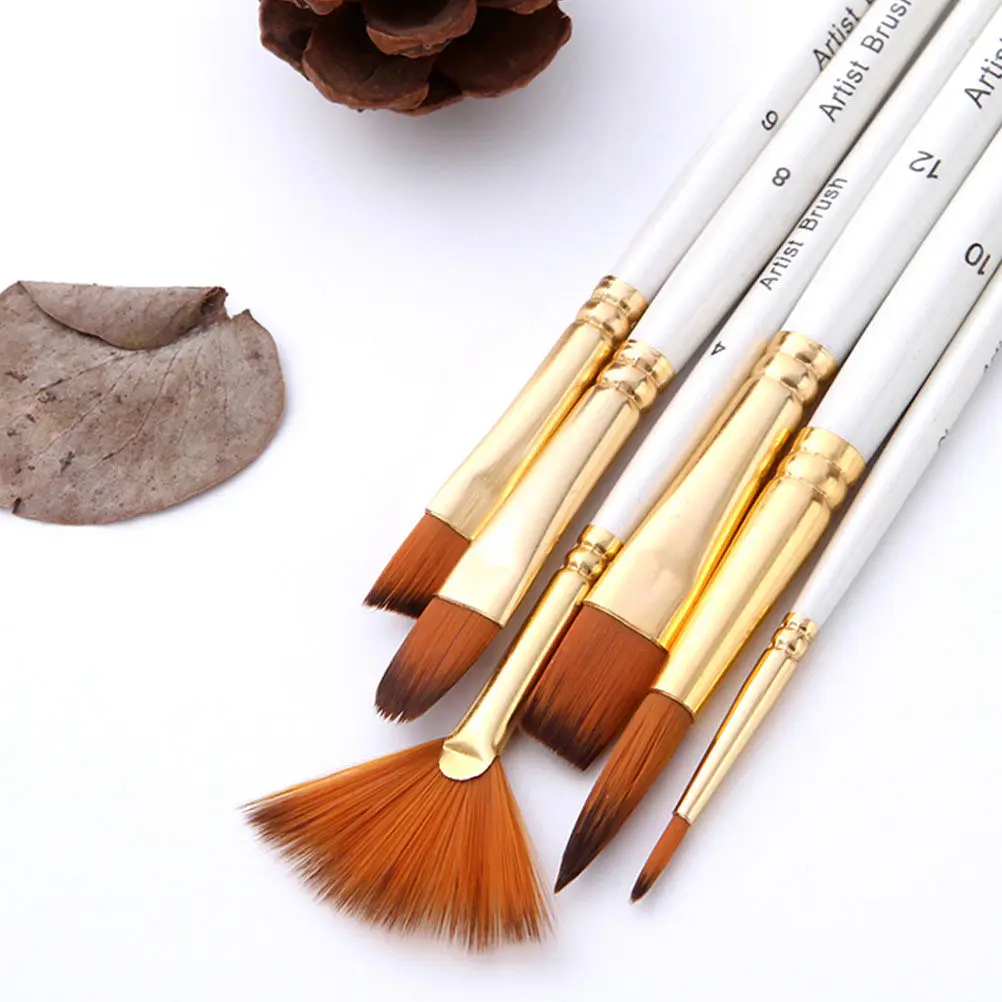 6Pcs Professional Painting Brushes Set Nylon Wool Tips Solid Wood Handle Copper Ferrule Easy Clean Watercolor Art Supplies