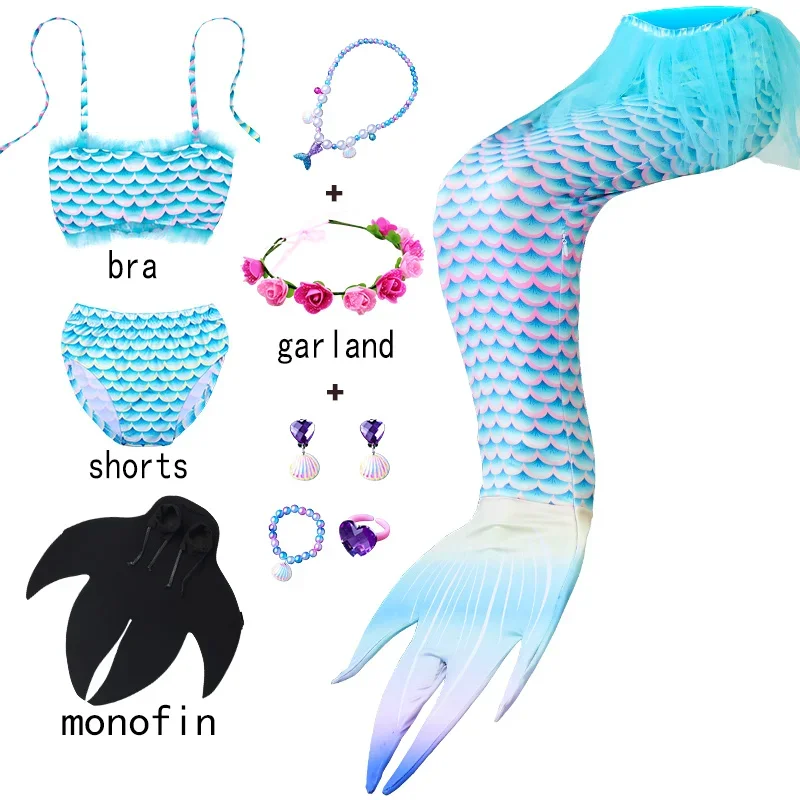 Mermaid Tail Swimwear para meninas, traje Cosplay, colar, biquíni, festa temática, adicionar nadadeiras