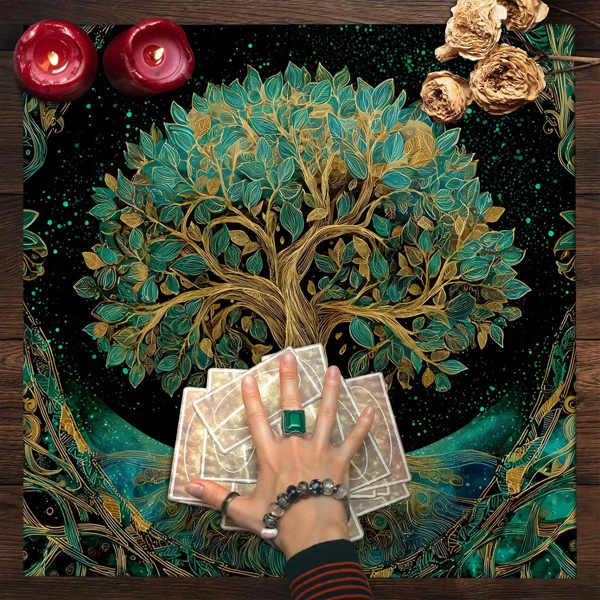 Gilded Celestial Tree Print Divination Tablecloth Mat Occult Mystical Altar Cloth Teal Gold Pattern Polyester Fabric Tarot Read