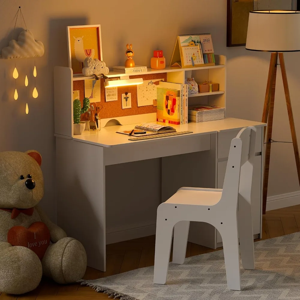 PakaLife Kids Study Desk and Chair Set with 3-Color Light, Tiltable Desk, Multifunctional