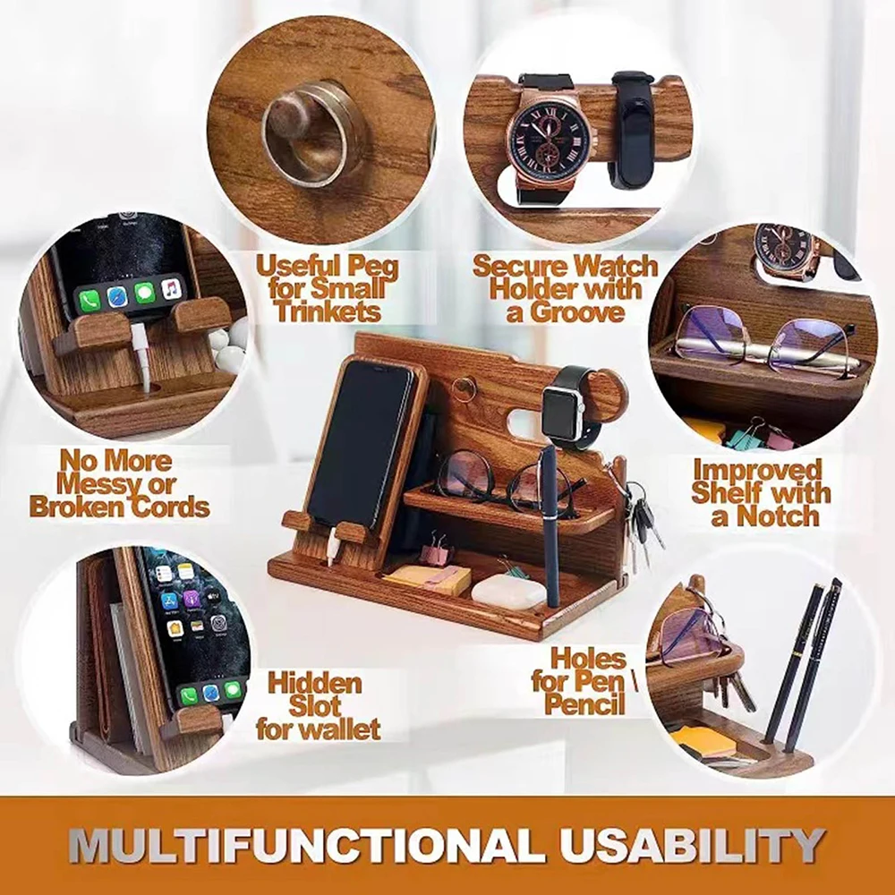 Wood Watch Organizer Wallet Stand Men Gift Phone Docking Station Key Holder Men Husband Nightstand Gadgets Storage Rack Dropship