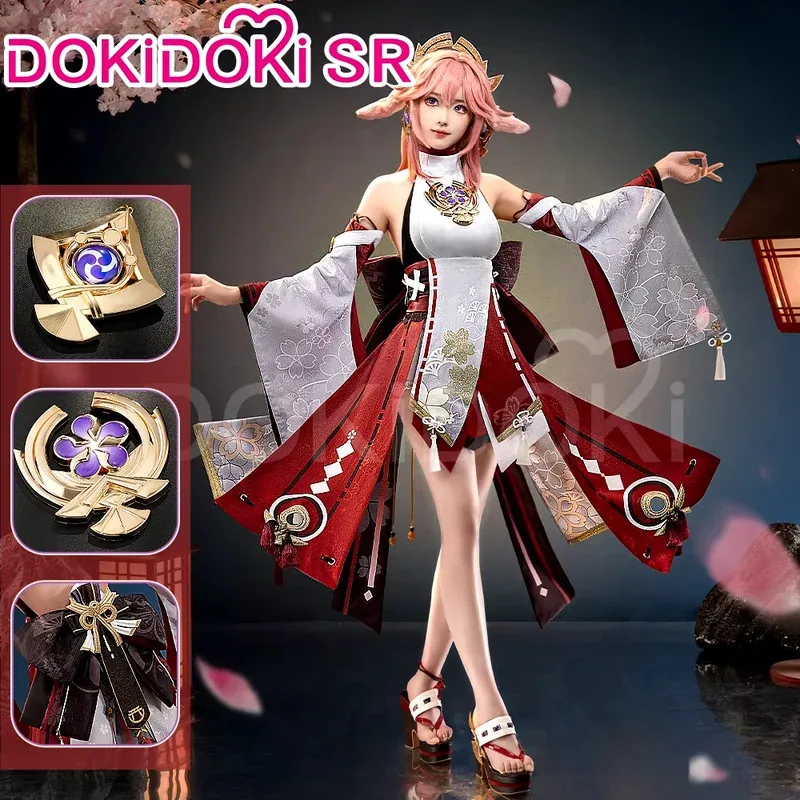 LQIN STOCK Yae Miko تأثيري لعبة Genshin تأثير تأثيري DokiDoki-SR النساء زي Yae Miko شعر مستعار تأثيري أحذية إكسسوارات معدنية