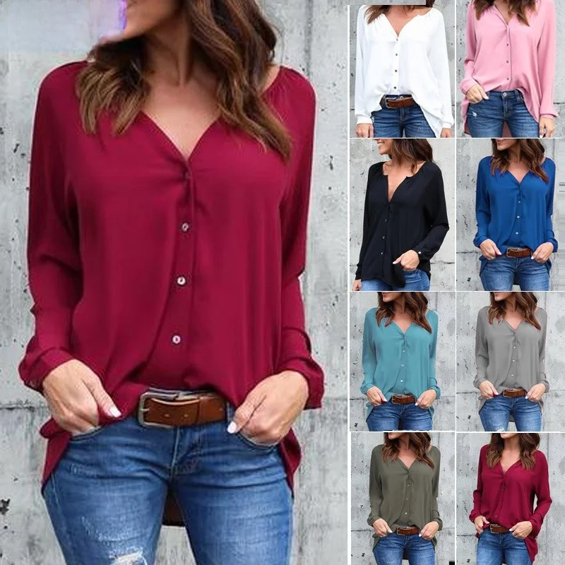 

Women's Long Sve Chiffon Blouse Summer Foldable Street Sle Loose Fit Splice Polyester V-Ne Mid-Length Pure Color Top