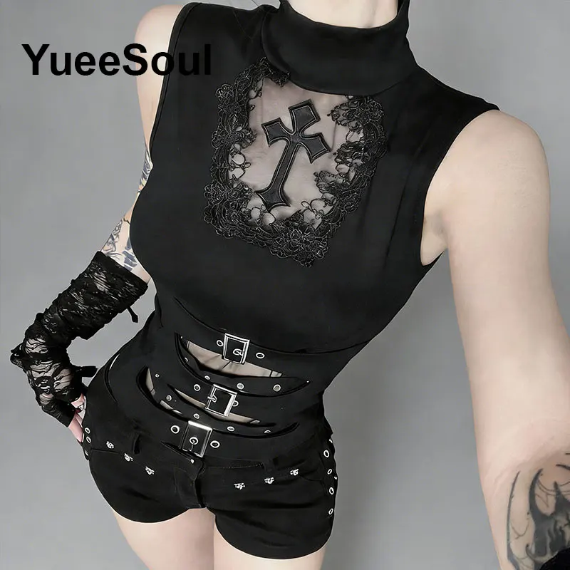Gótico colheita topos preto cinta de espaguete malha magro espartilho topos 2024 novo goth punk grunge fada núcleo sexy y2k roupas de halloween
