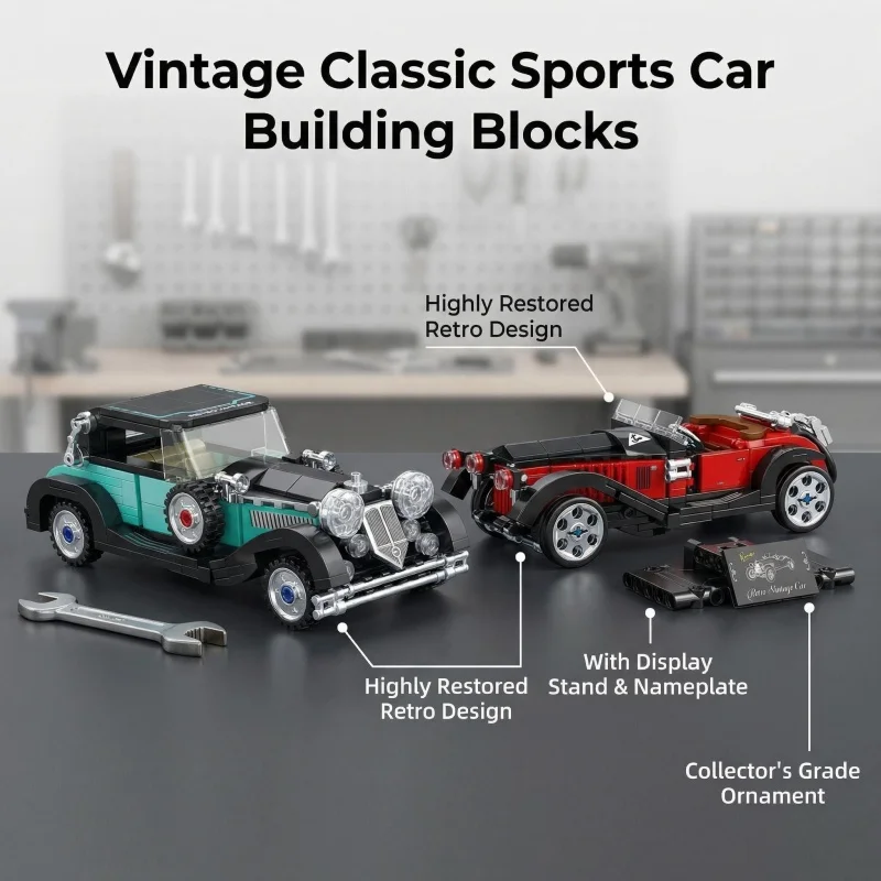 

Vintage Classic Sports Car Building Blocks Set, Retro Convertible Sports Car Model Kit with Removable Hardtop (Including Display
