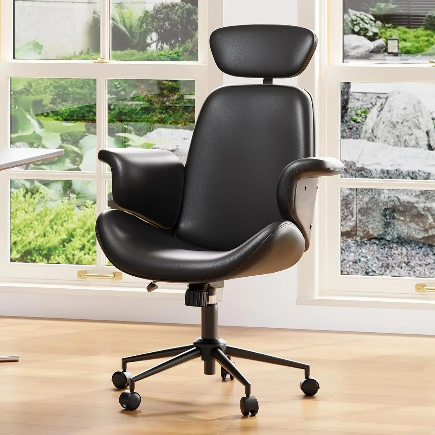 Bentwood Home Office Desk Chair with Curved Armrests, Leather Upholstery Swivel Chair with Wheels, Ergonomic Desk Chair,Black