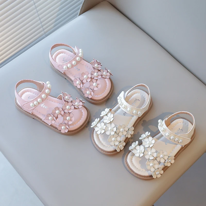 

Summer Girl's Sweet Sandals Hook-loop Flower Pearl Chic Kid's Flat Shoe Solid Colors Anti-slip Comfy Cute Children Shoe 7-12Y