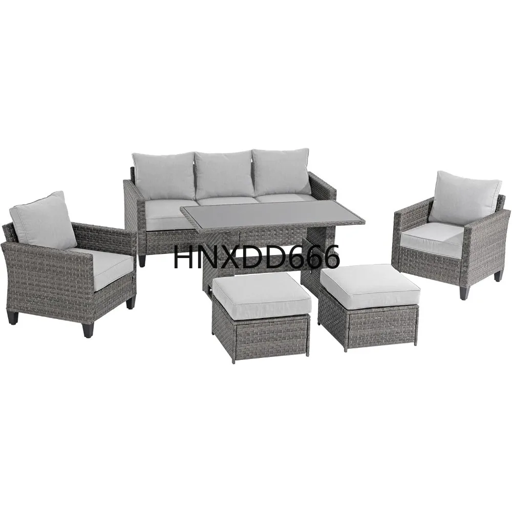 

Patio Furniture Set 6-pcs Outdoor Furniture Conversation Sets with Lift DiningPatio Furniture Outdoor Couch Grey Rattan Light