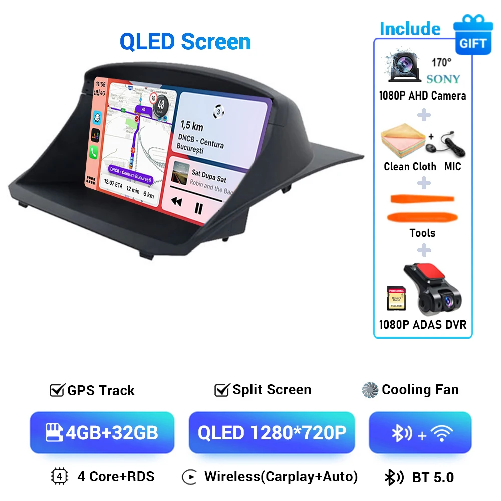 Android 14 Draadloze Carplay & Auto Autoradio Voor Ford Fiesta 2009 - 2018 Navigatie Gps Dsp Carplay Multimedia Videospeler Stereo