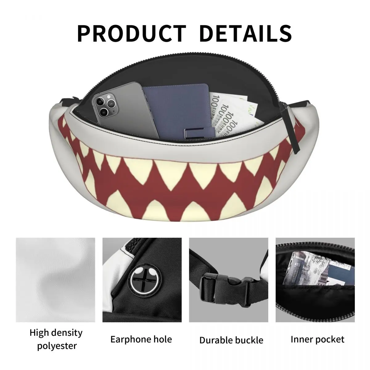 Riñonera informal con dientes de tiburón para hombre y mujer, bolso de cintura cruzado para correr, dinero para teléfono