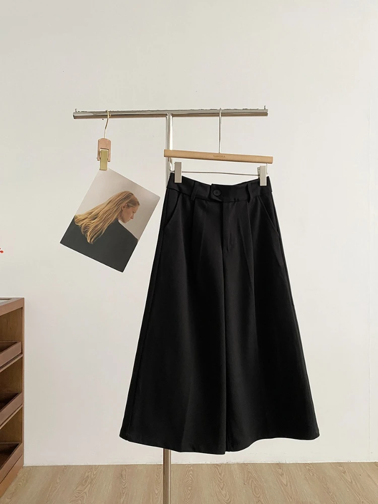 

Korean style casual hanging versatile woolen eight quarter pants women autumn and winter new high waisted wide leg pants