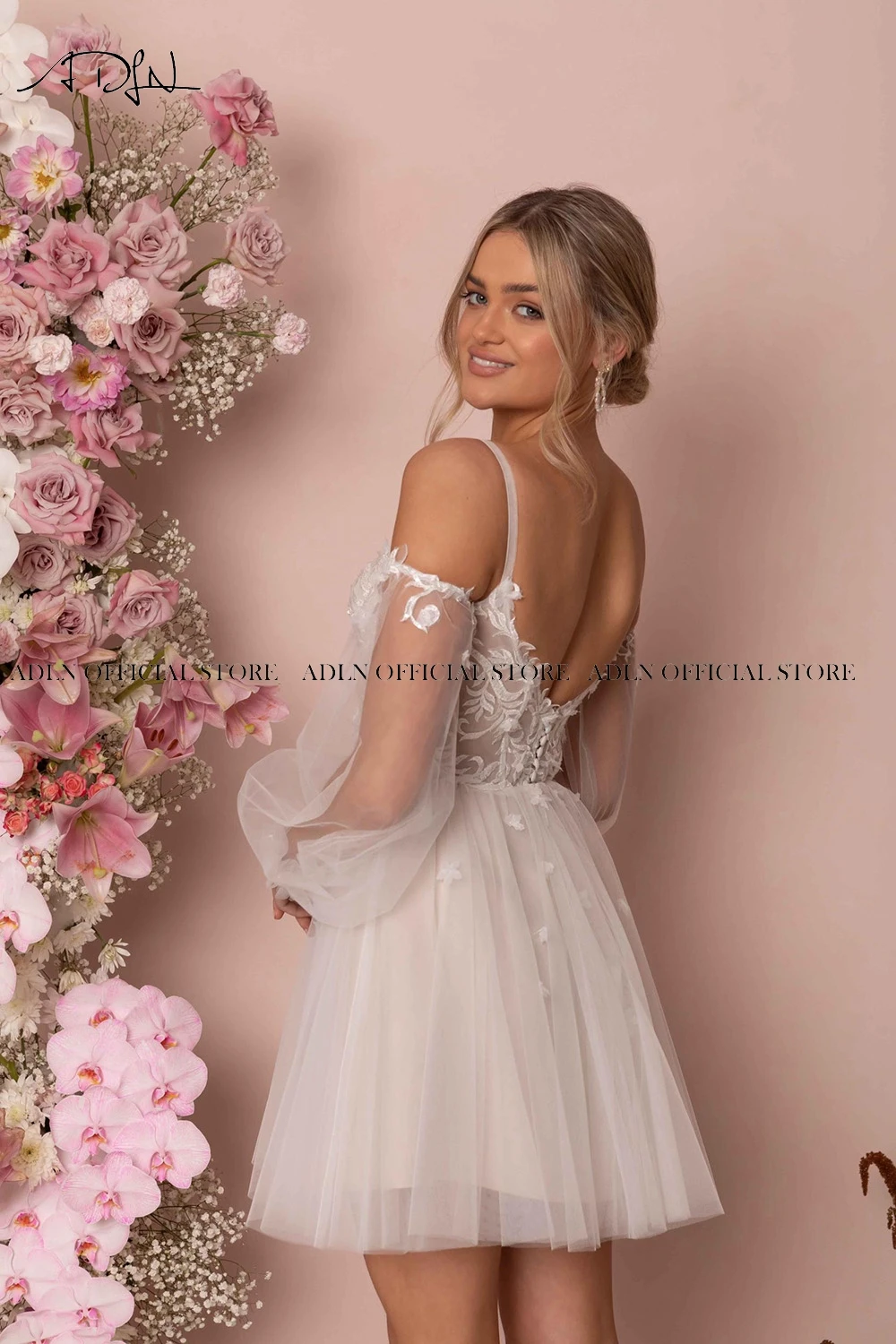 Abito da sposa corto staccabile ADLN Mini abito da sposa fata in Tulle a-line Robe De Mariee abito da ricevimento in pizzo senza schienale su misura