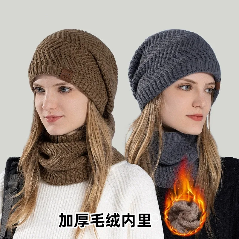 

Зимняя теплая шапка и шейный шарф, комплект для защиты от холода на открытом воздухе, вязаная шерстяная шапка с чехлом для ушей для женщин