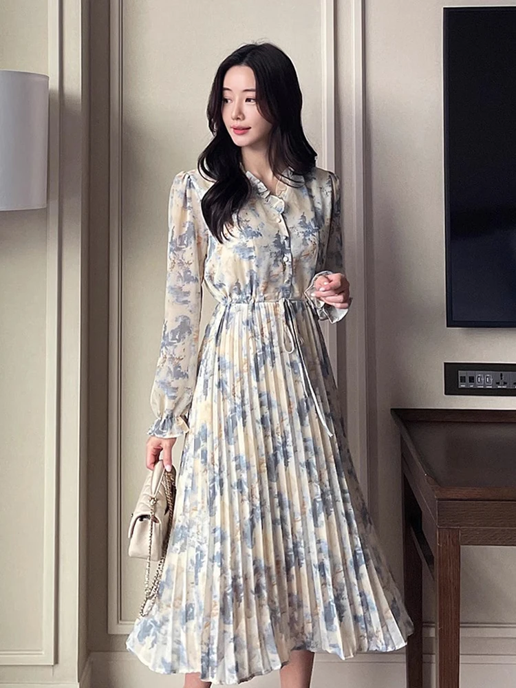 

Retro Summer Chic V-ne Pleated Dr High Waist Slimming Watercolor Print Bow-knot Tie Waist Wooden Ear Long Sve