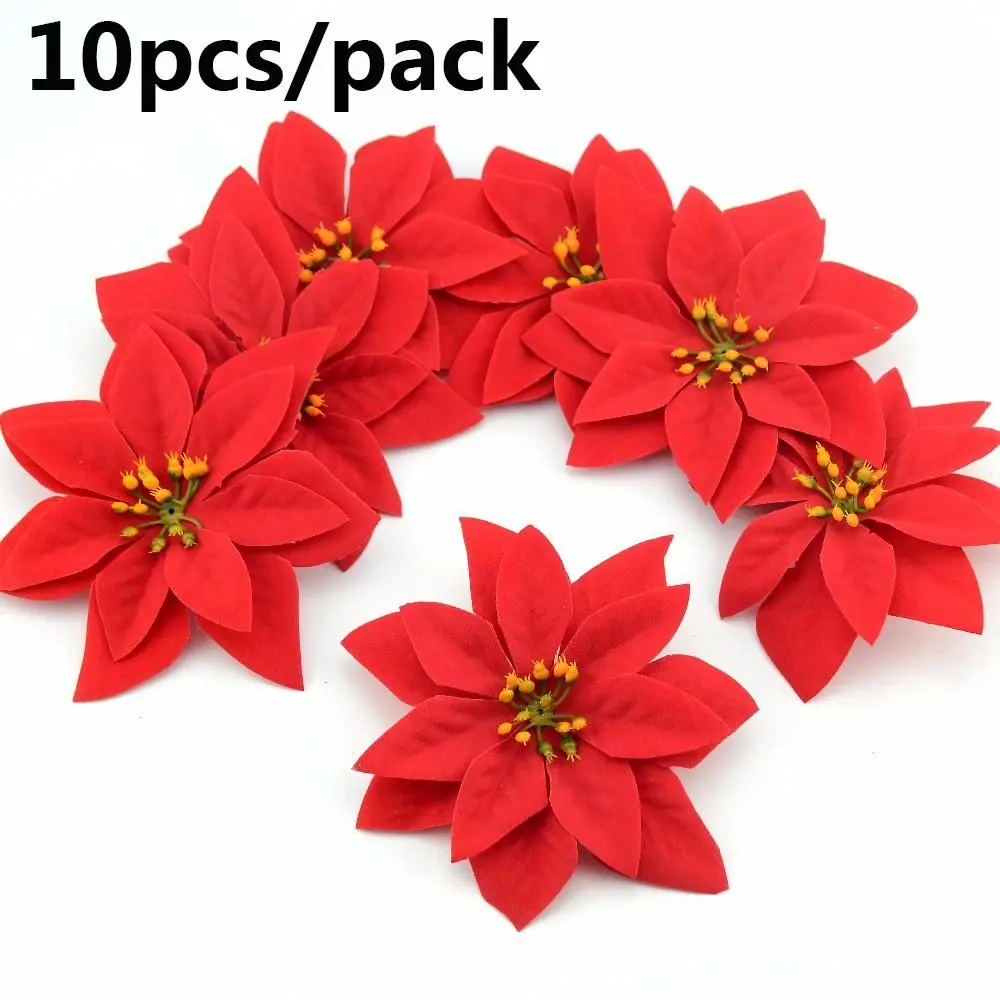 10pcs 14cm Handcraft Party Supplies Artificial Decor Wedding Favors Christmas Tree Flowers Glitter Ornament Poinsettia Xmas Gift