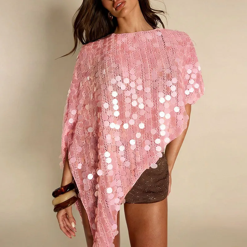 

Chic Hollow Out Knit Glitter Tees Sexy Hot Girl Solid Color Cocktail Party Tops High Street Fashion Irregular Sequins Cloak Tops