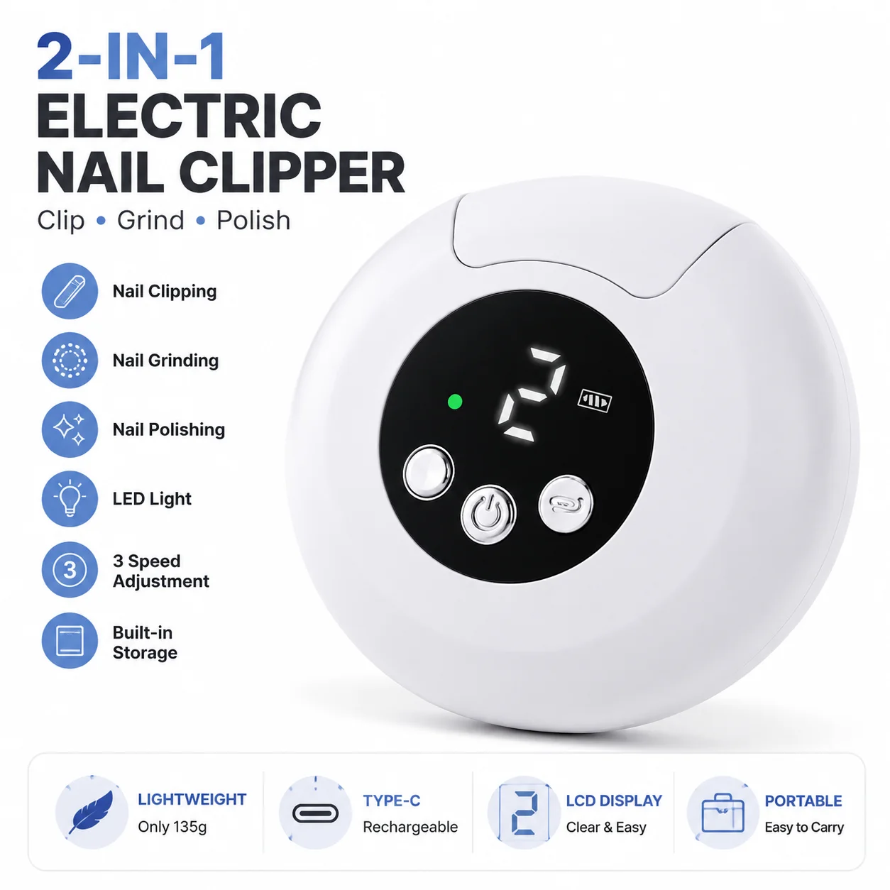Electric Nail Care Device Nail Cutter Grinder Polisher Portable Manicure Tool with LCD Screen LED Lamp Type C Charging