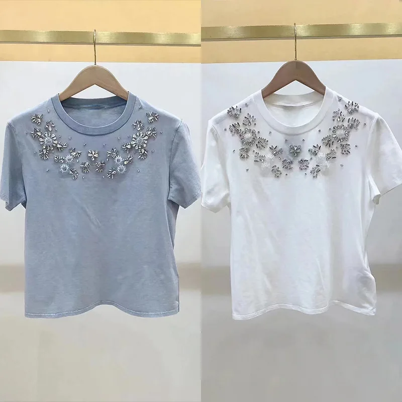 

Women Solid Color T-Shirt Beaded Decoration Short Sleeve Round Neck Fashion Summer 2024 Tee Tops